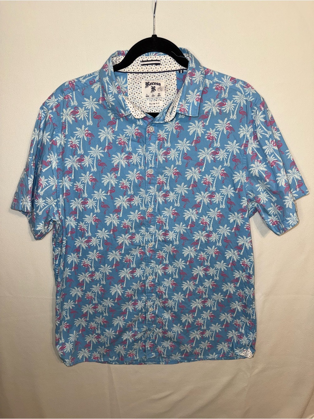Recess Blue Palm Flamingo Print Short Sleeve Shirt Slim Fit Button Up Large